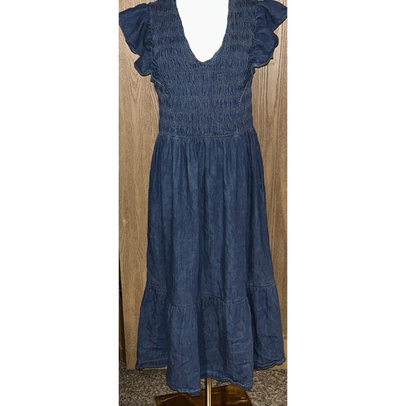Women’s L 100% Cotton Denim Ruffle Sleeve Smocked Midi Dress with Washwell - Picture 2 of 9